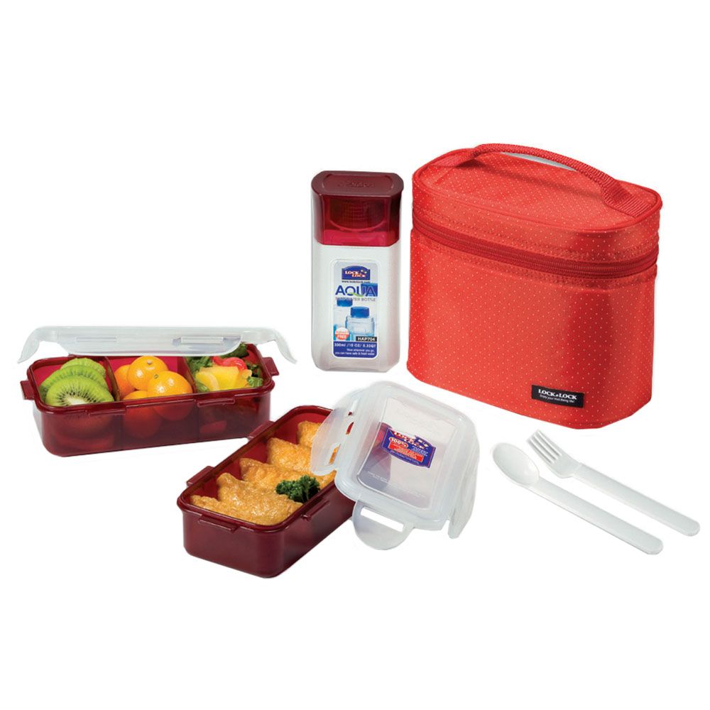 LOCK&LOCK - Lunch Box Bag & Spoon Fork 3pc-Set - Red