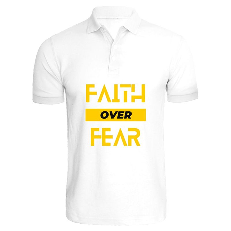 BYFT - تي شيرت بولو قطني مطبوع عليه عبارة Faith Over Fear - أبيض