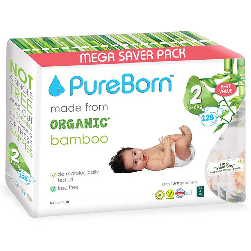 Pureborn - Organic Nappy Size 2 Value Pack 128'S (Asst)