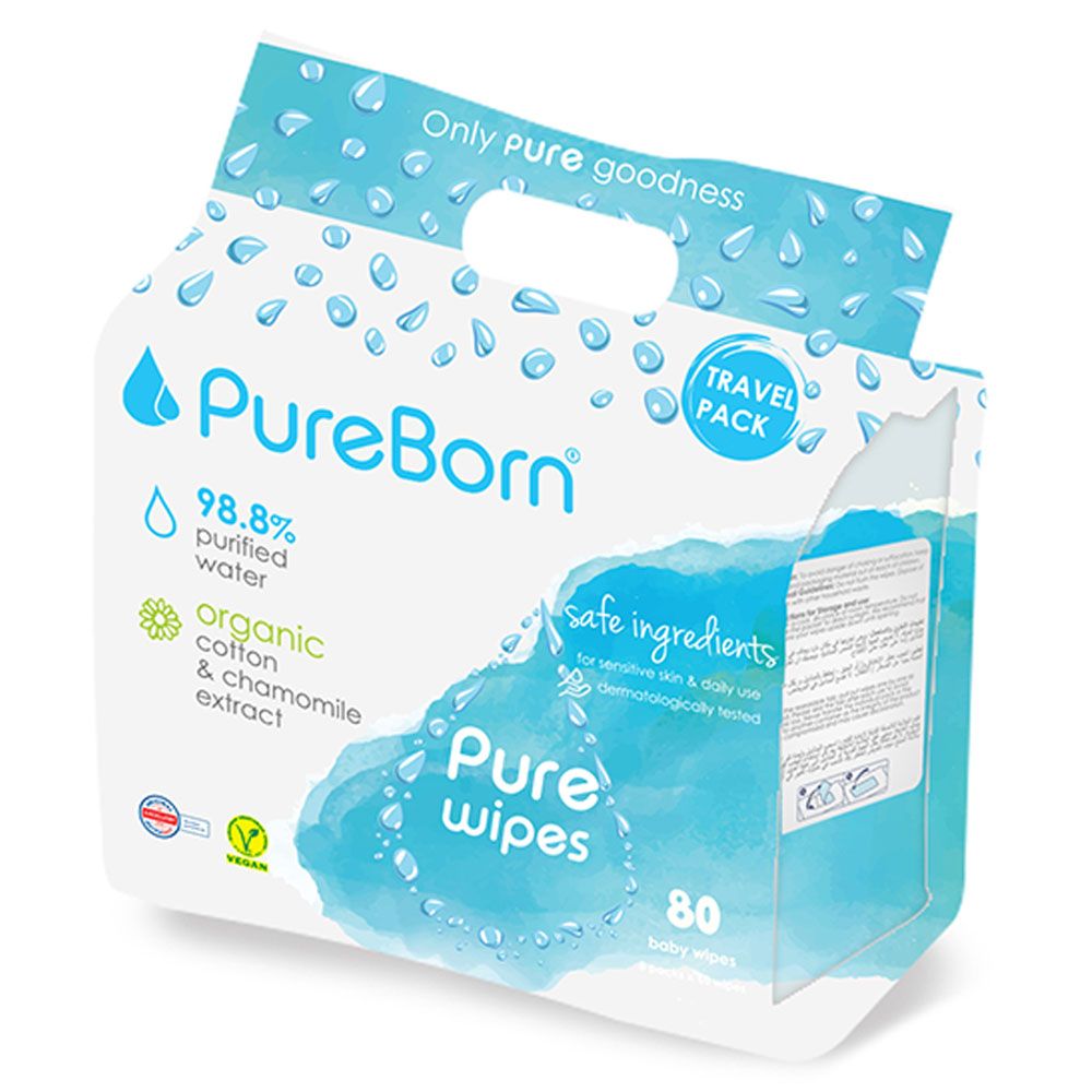 Pureborn - Organic Travel Wipes Pack of 8 - 80 Pcs