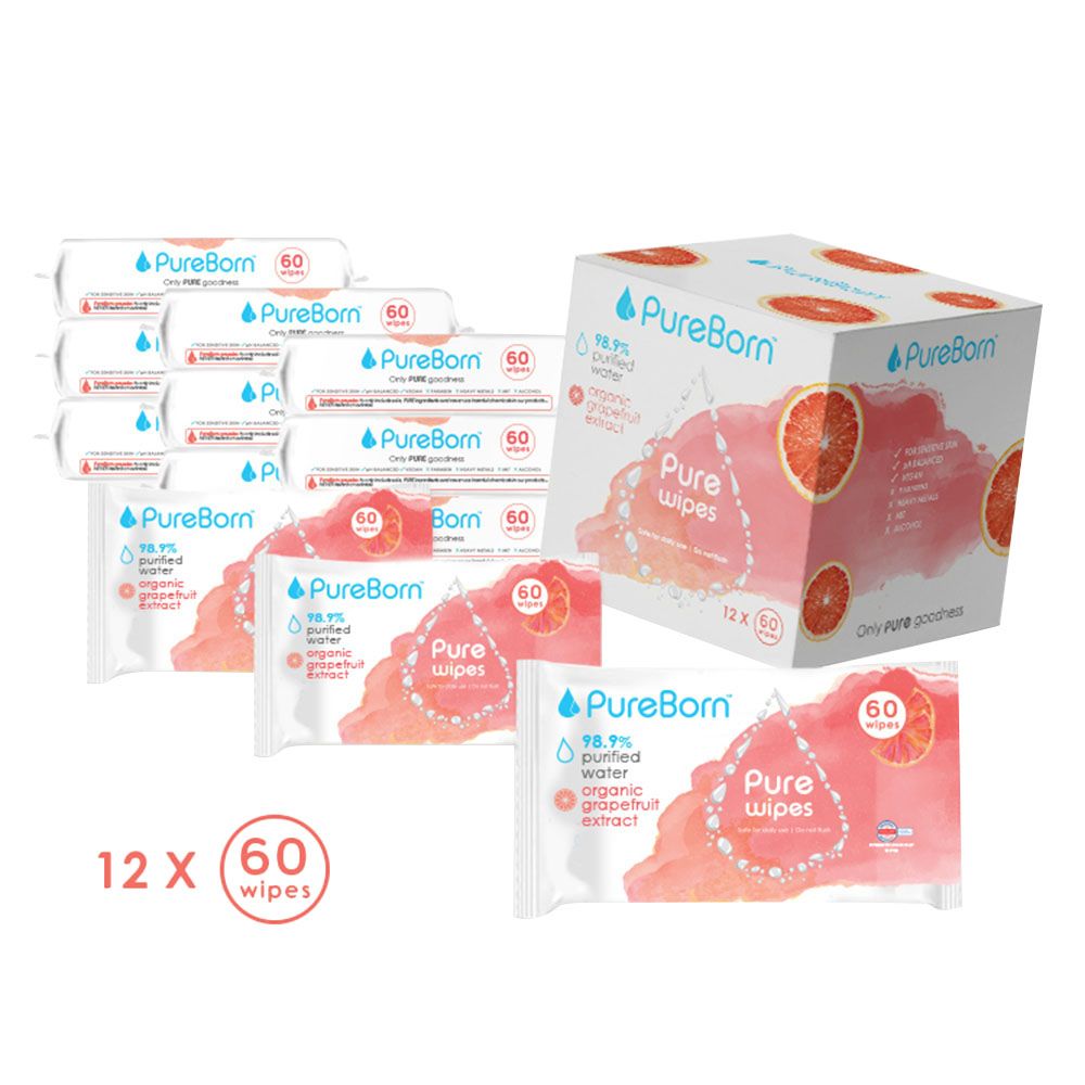 Pureborn Pure Wipes Grapefruit 60's x 12 Bundle (720pcs) - Assorted