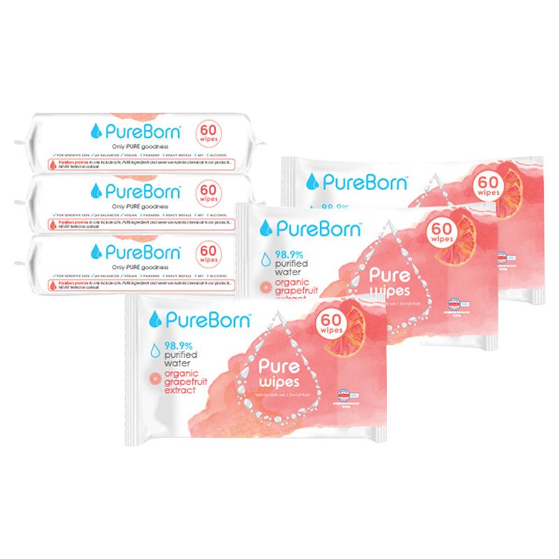 Pureborn Pure Wipes Grapefruit 60's x 6 Bundle (360 pcs) - Assorted