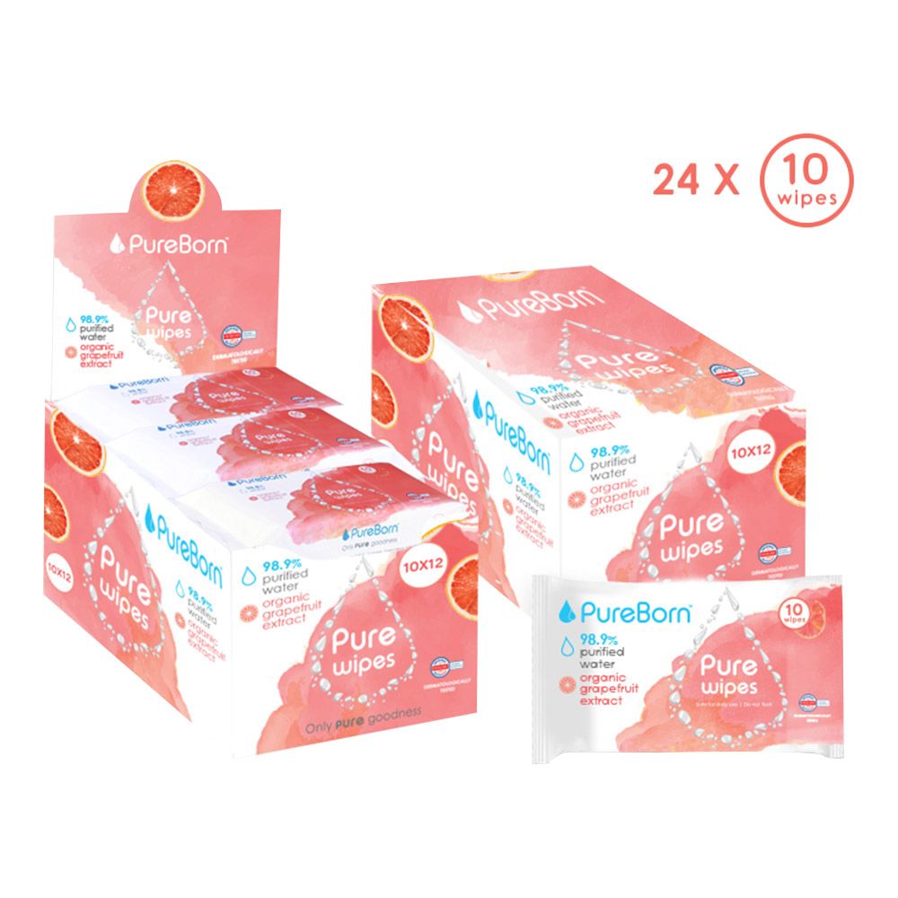 Pureborn Pure Wipes Grapefruit 10's x 24 Bundle (240pcs) - Assorted