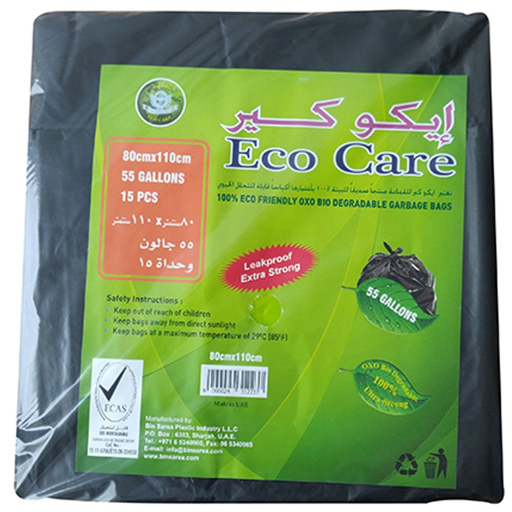 Eco Care - Black Garbage Bag Sheet - 15 Bags - 55 Gallon