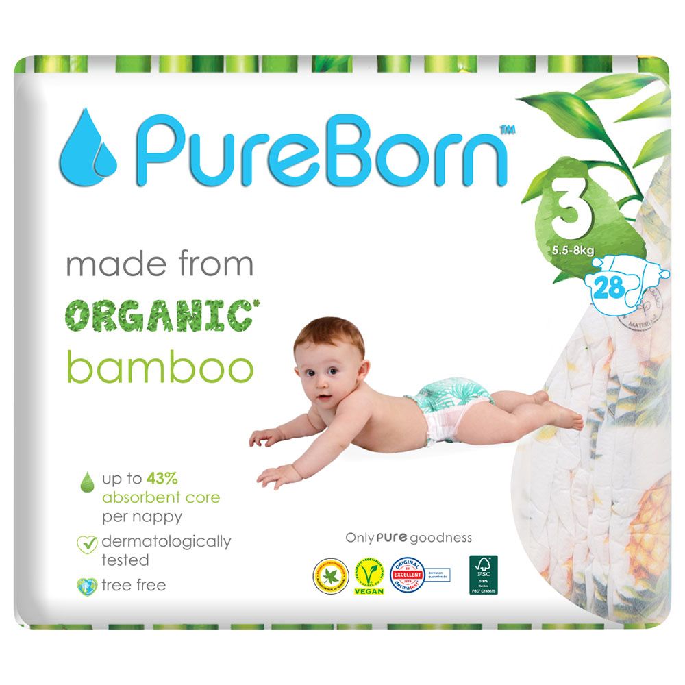 Pureborn - Single Pack Nappies 5.5-8kg Size 3 - 28pcs - Pineapple