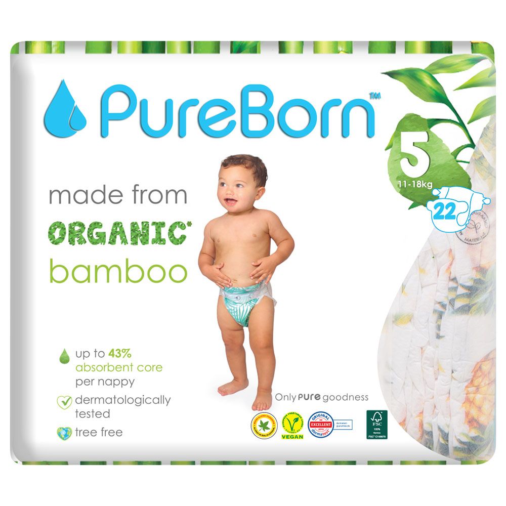 Pureborn - Single Pack Nappies 11-18kg Size 5 - 22pcs - Daisy 