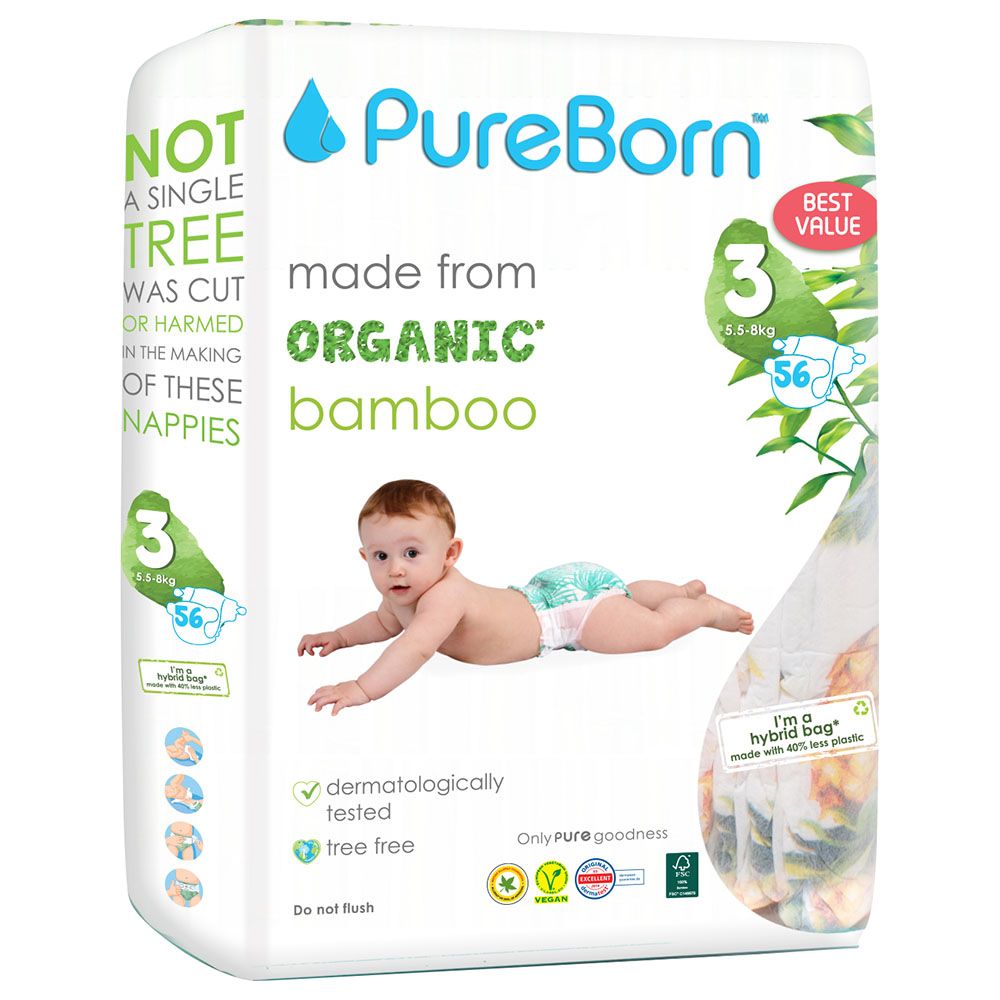 Pureborn - Value Pack Nappies 5.5-8kg Size 3 - 56pcs - Pineapple