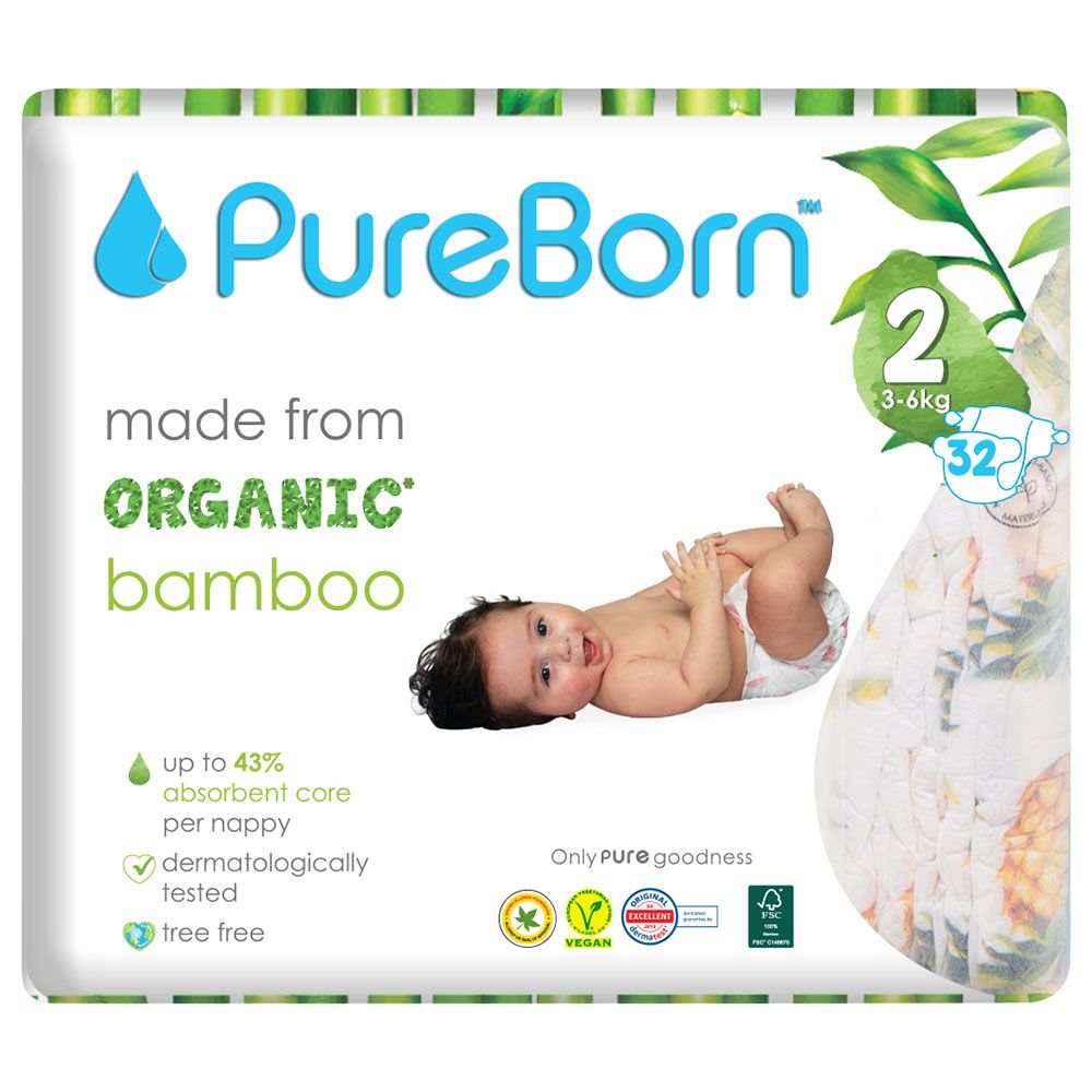 Pureborn - Single Pack Nappies 3-6kg Size 2 - 32pcs -Tropic 