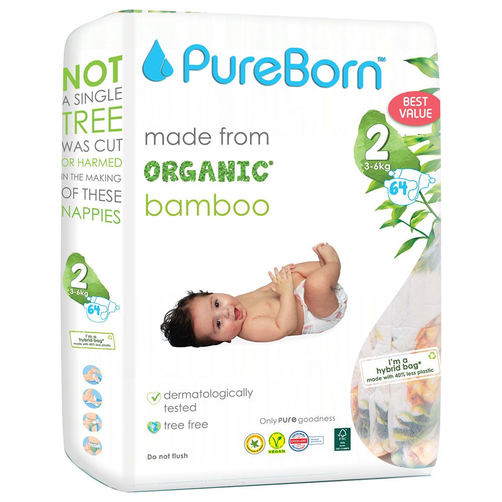 Pureborn - Value Pack Nappies 3-6kg Size 2 - 64pcs - Pineapple