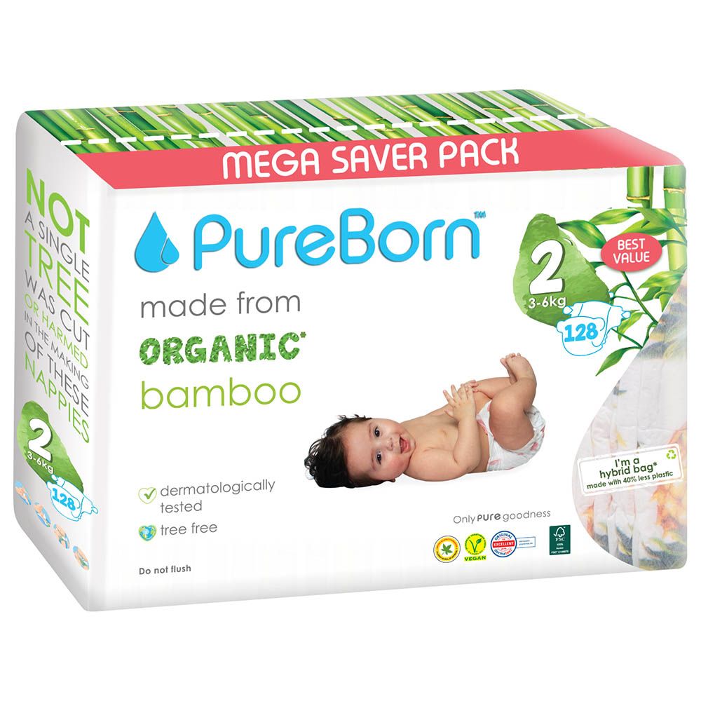 Pureborn - Value Pack Nappies 3-6kg Size 2 - 128pcs - Daisy