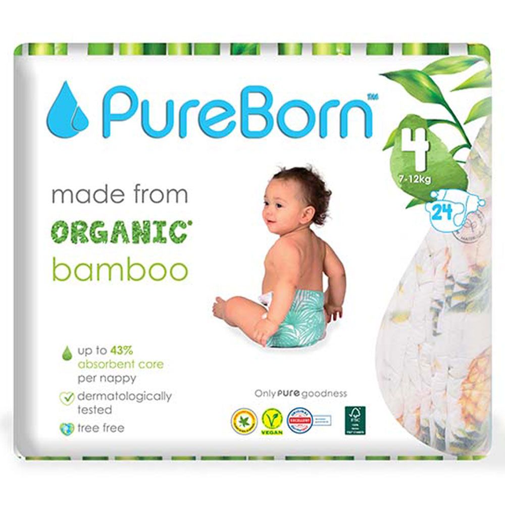 Pureborn Size 4 Singles 7-12kg 24 Nappy 1 x 6 Bundle - Assorted