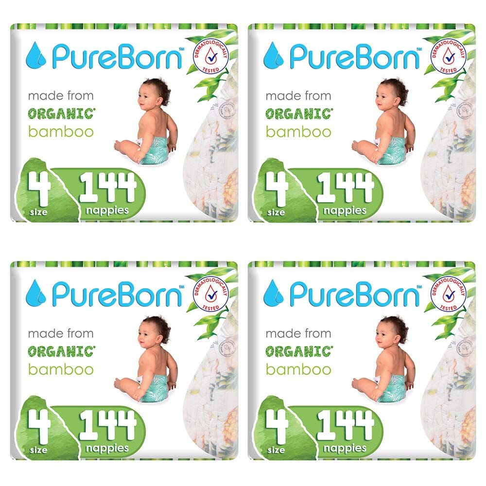 Pure Born - Size 4 Singles 7-12kg 24 Nappy 1 x 6 Bundle - Assorted