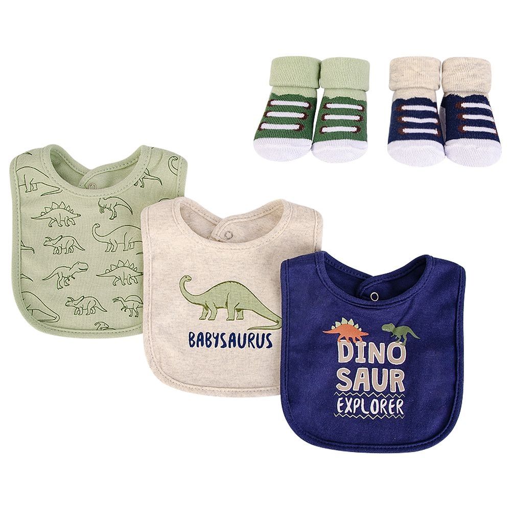 Dinosuar Explorer Cotton Bibs and Socks set Pack of 5 - Blue