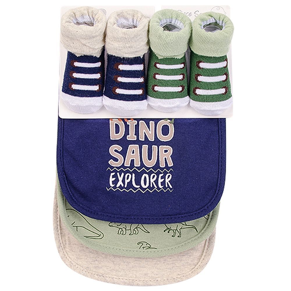 Dinosuar Explorer Cotton Bibs and Socks set Pack of 5 - Blue