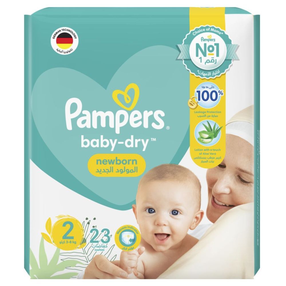 Pampers Baby-Dry Diapers,Size 2, Mini, 3-8kg, With Wetness Indicator, Up to 100% Leakage Protection Over 12 Hours and Bigger, Wider Sides for Comfort, 23 Baby Diapers