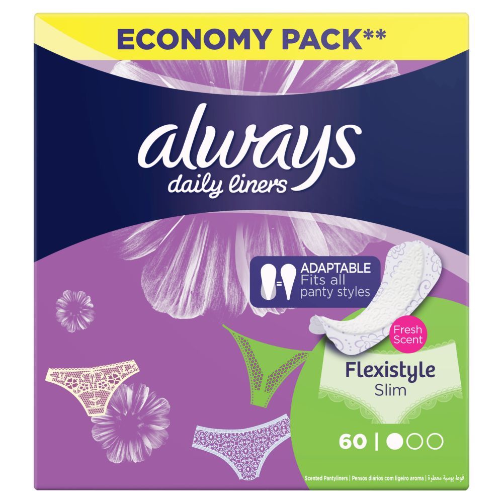 Always Daily Liners Flexistyle Slim Pantyliners With Fresh Scent, Normal, 60 Count