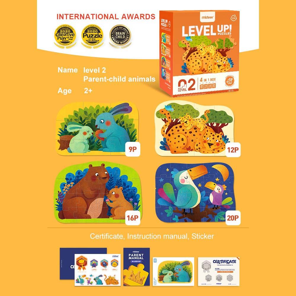 Mideer - 4-in-1 Level Up Puzzles Animals - Level 2