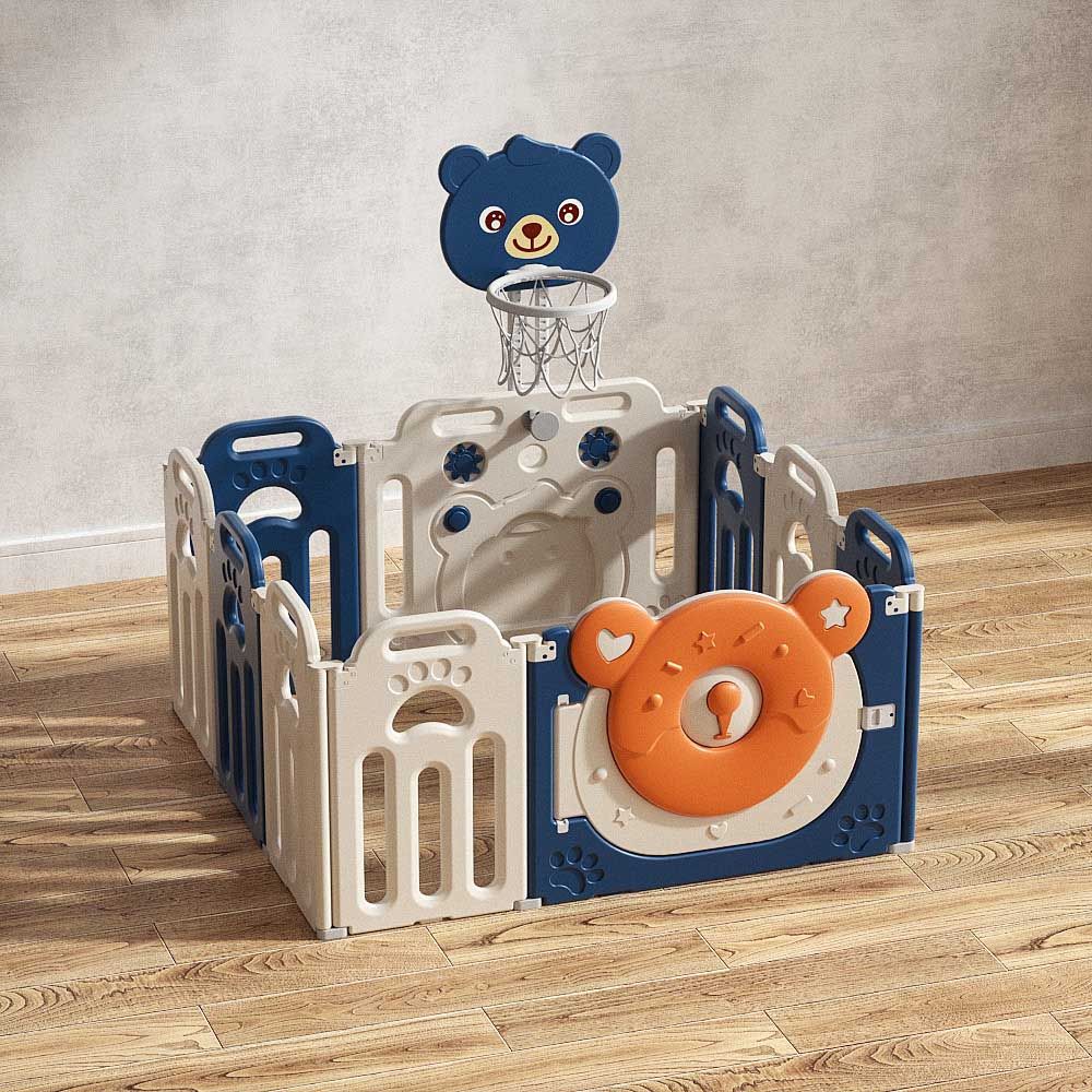 Lovely Baby - Kids Bear Playpen w/ Basketball Hoop - 10pcs - Blue