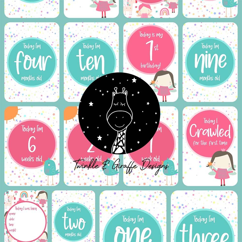 Twinkle And Giraffe Fairies and Unicorns Milestone Cards 25C