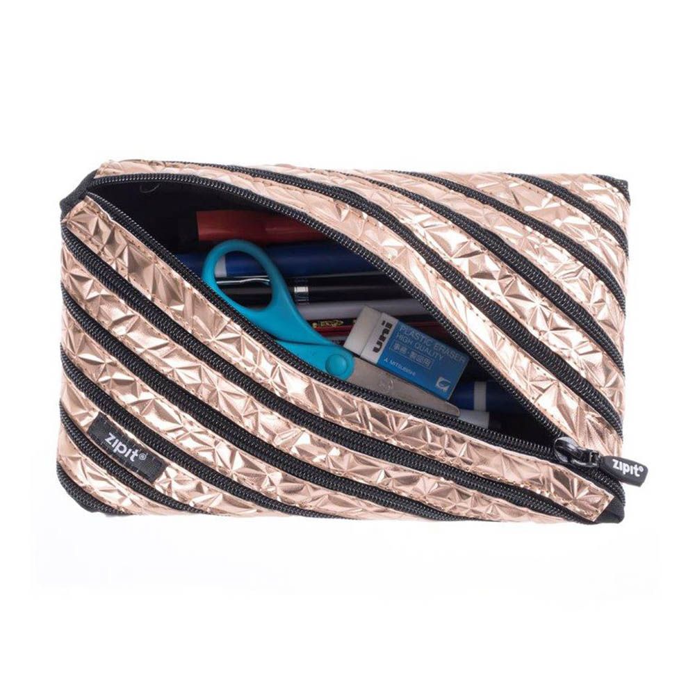 Zipit Metallic Big Pencil Case/Cosmetic Makeup Bag Rose Gold