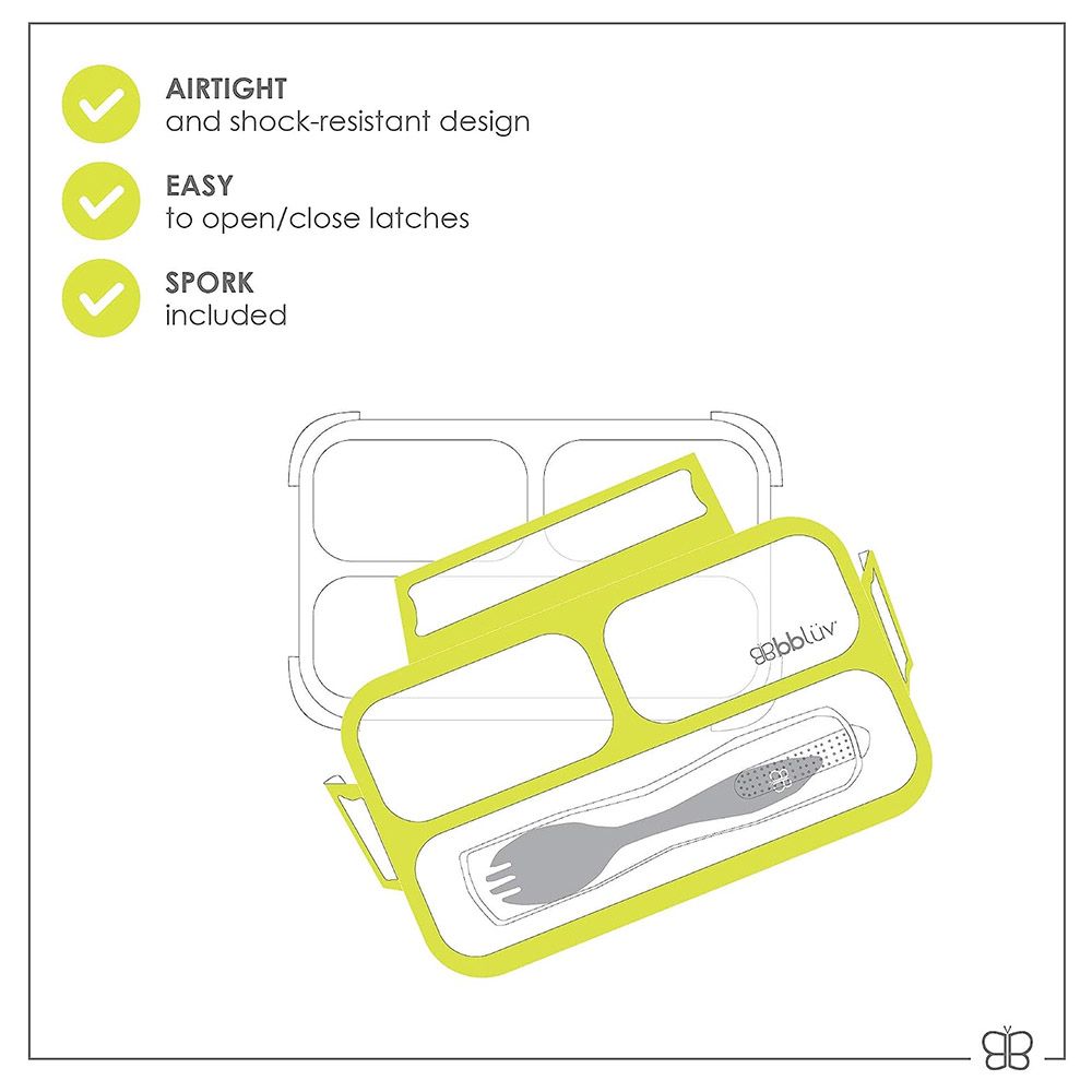 Bbluv - 3 Compartment Bento Sealed Lunchbox With Spork - Lime