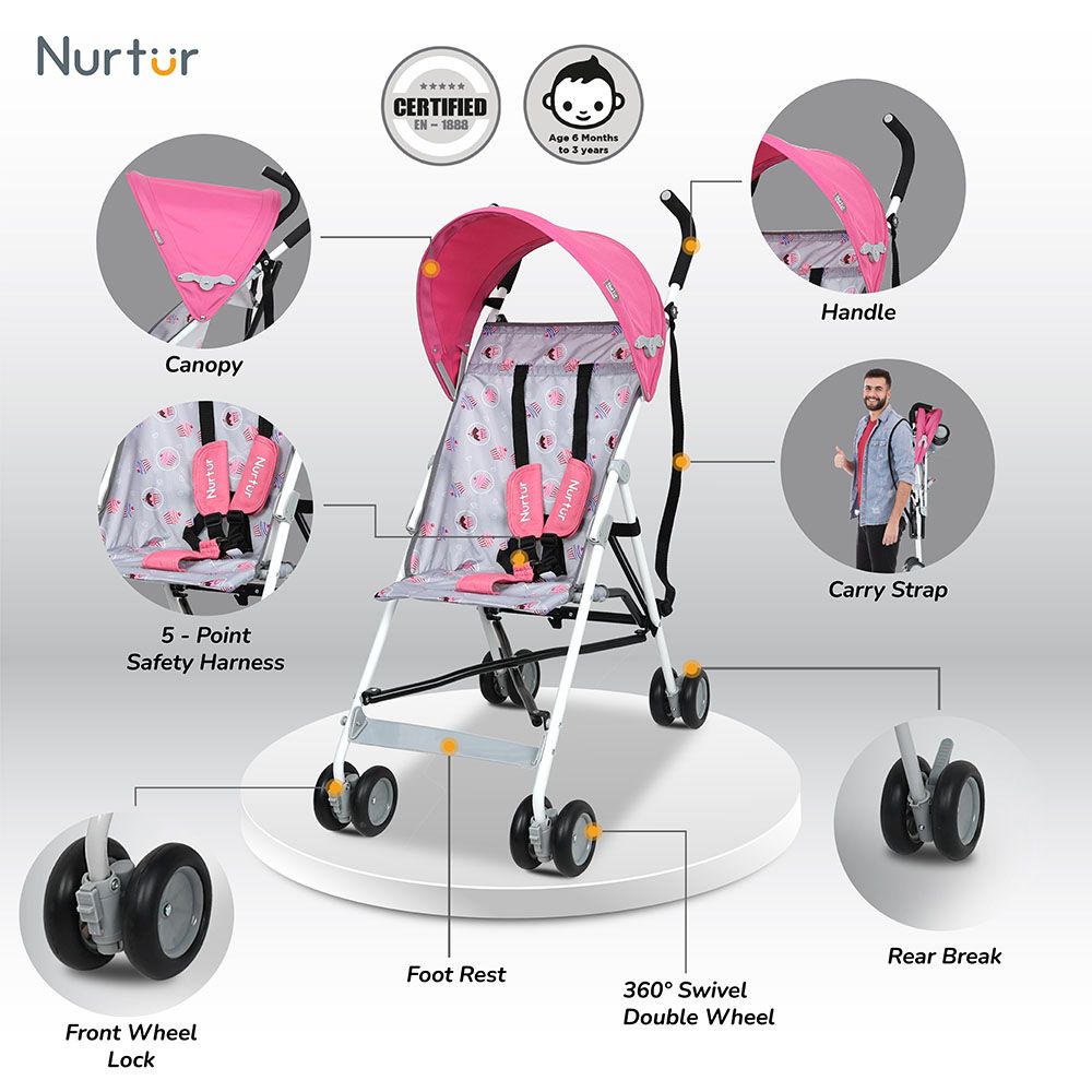 Nurtur - Rex Buggy Lightweight Stroller - Pink/Grey