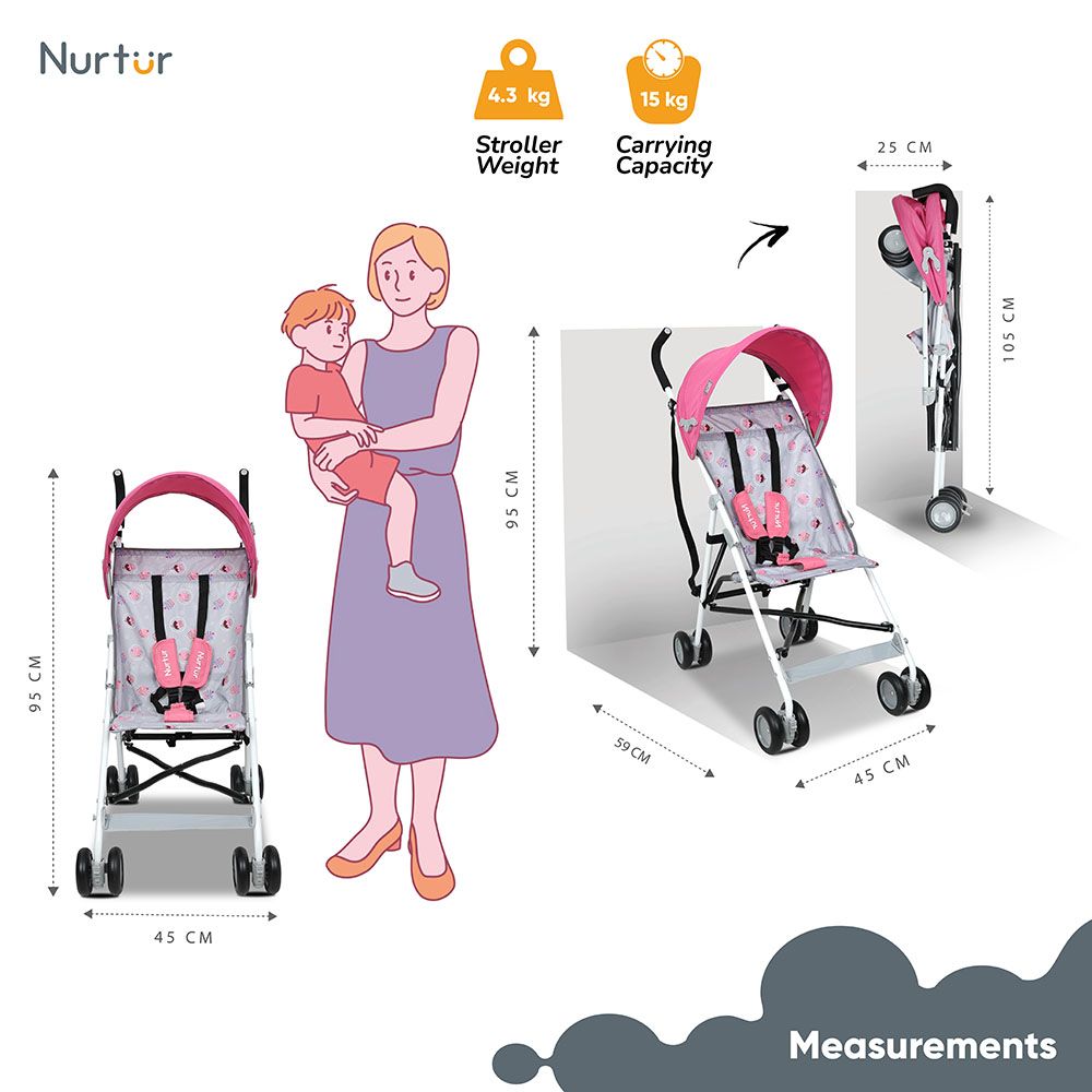 Nurtur - Rex Buggy Lightweight Stroller - Pink/Grey