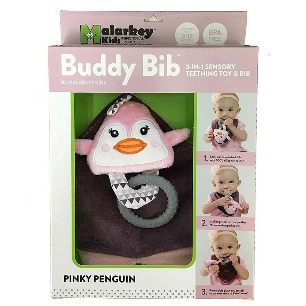 Buddy Bib - 3-in-1 Sensory Teething Toy & Bib Pinky Penguin