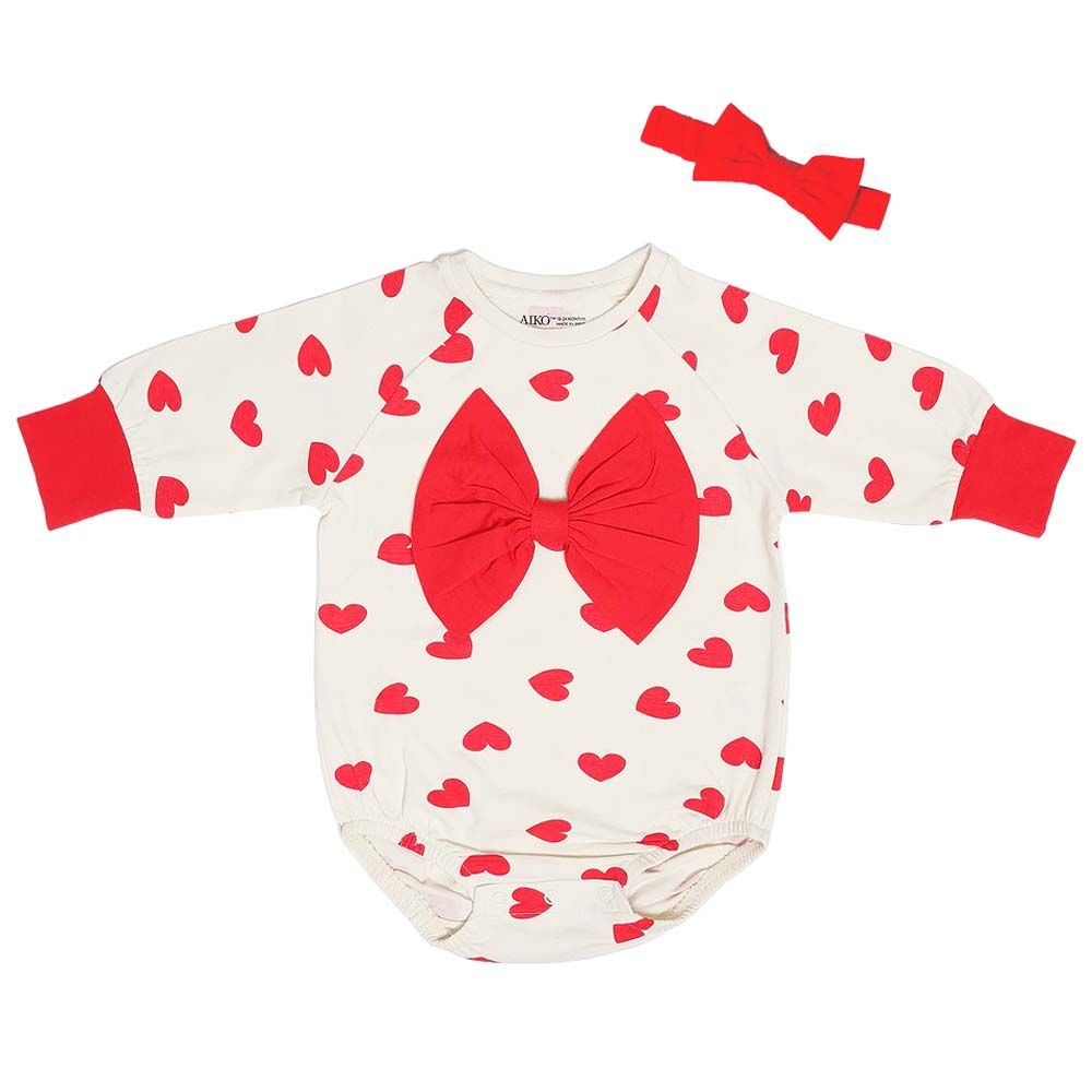 Aiko - Baby Heart Design Bodysuit W/Headband - White