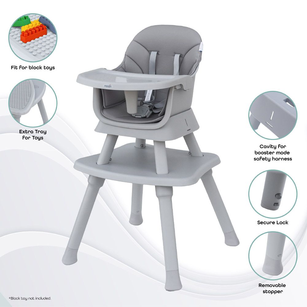 MOON - 6-In-1 High Chair W/ Safety Harness & Belt - Grey