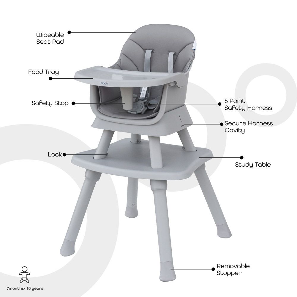 MOON - 6-In-1 High Chair W/ Safety Harness & Belt - Grey