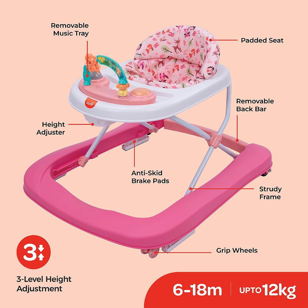 Moon - Stride Height Adjustable Walker With Music - Rose Pink