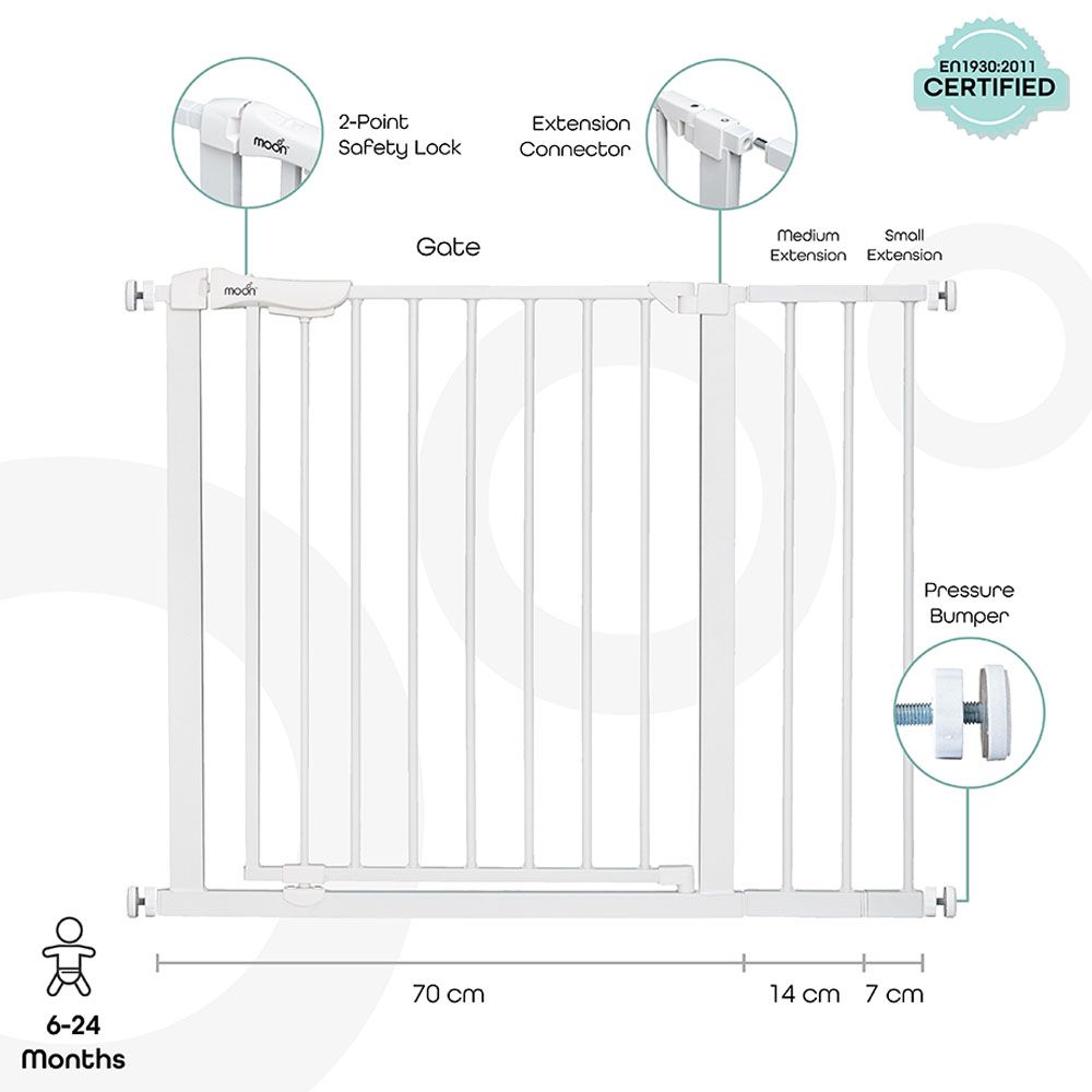 Moon - Safety Metal Gate with Extension Rack & Pressure Mount Kit - White