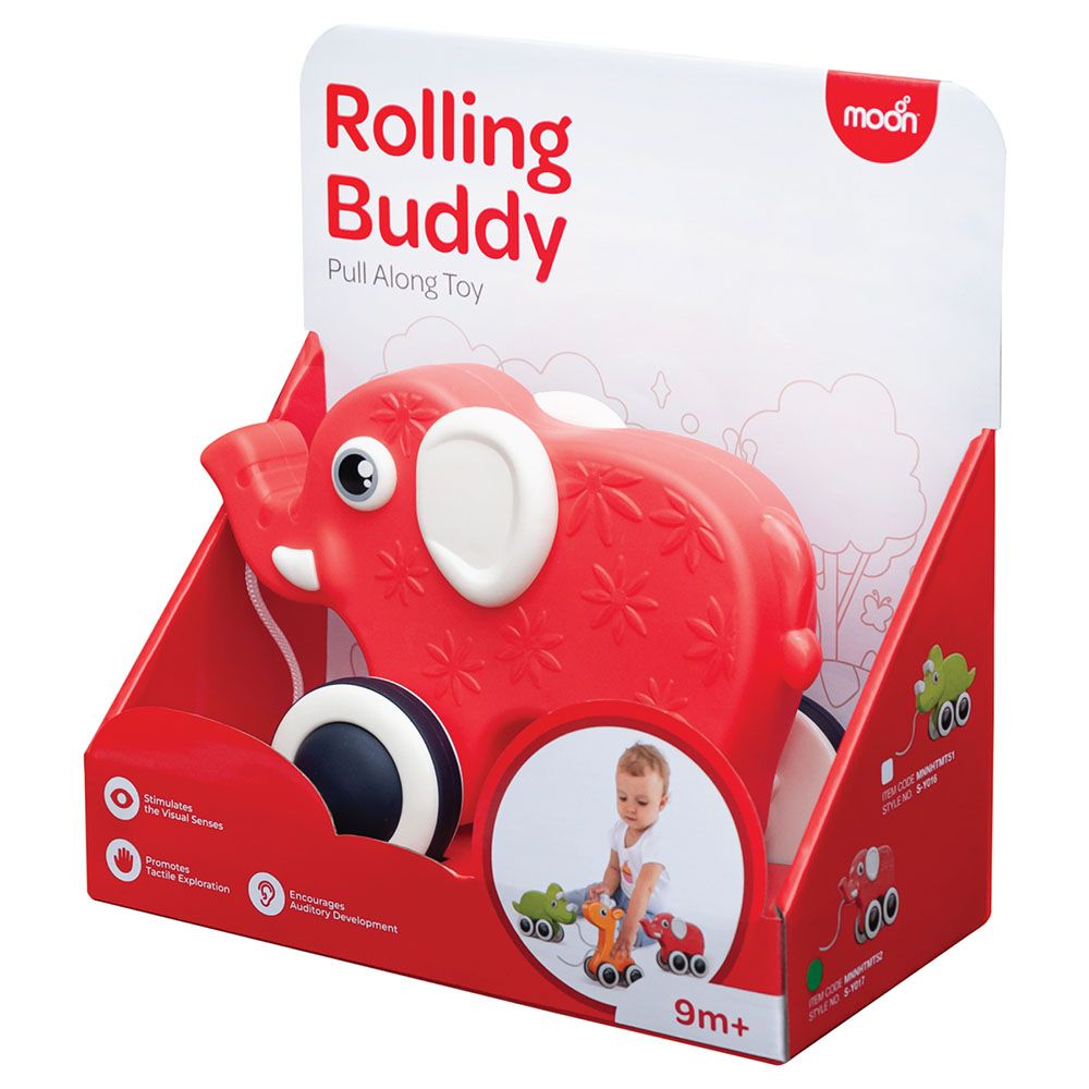 Moon - Rolling Buddy Pull Along Toy - Elephant - Red