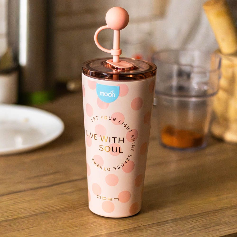 Moon - Double Wall Smoothie Cup w/ Straw - Pink