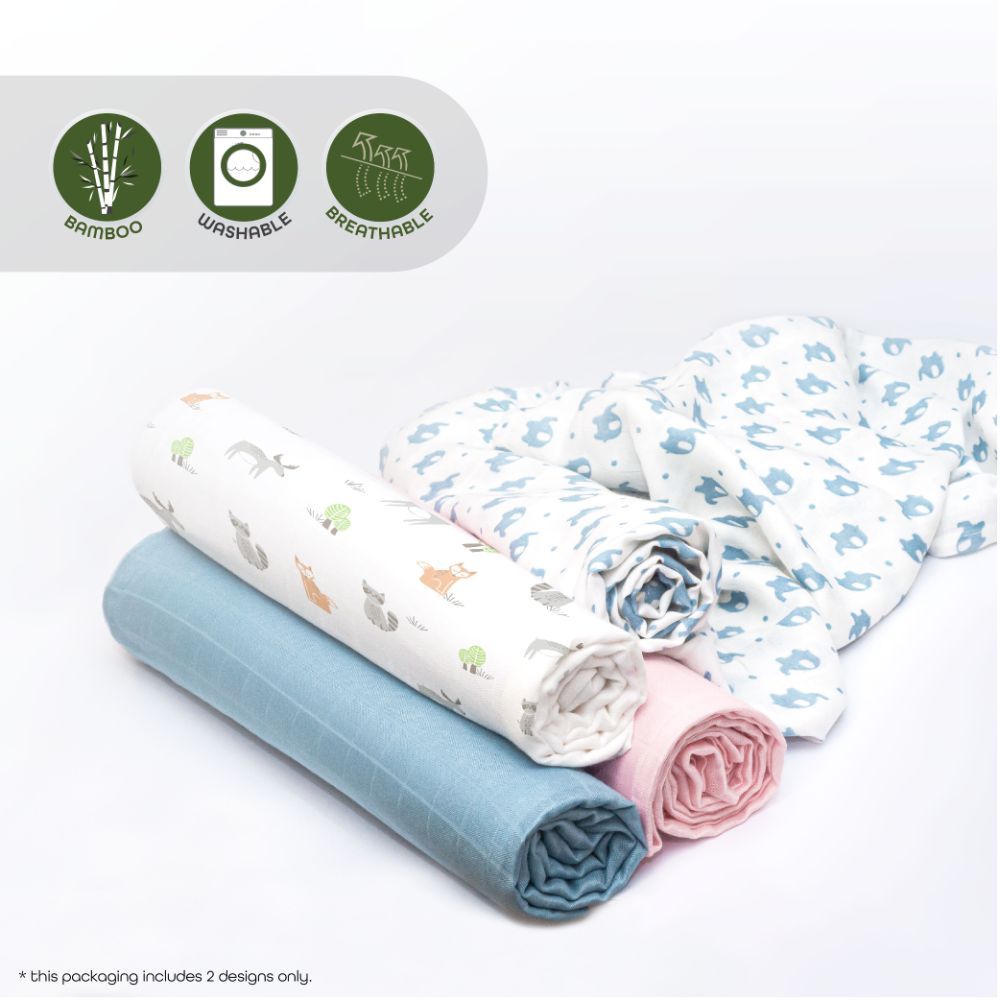 Moon - Bamboo Muslin Swaddle Wrap Pack of 2 - Forest Print & Peach