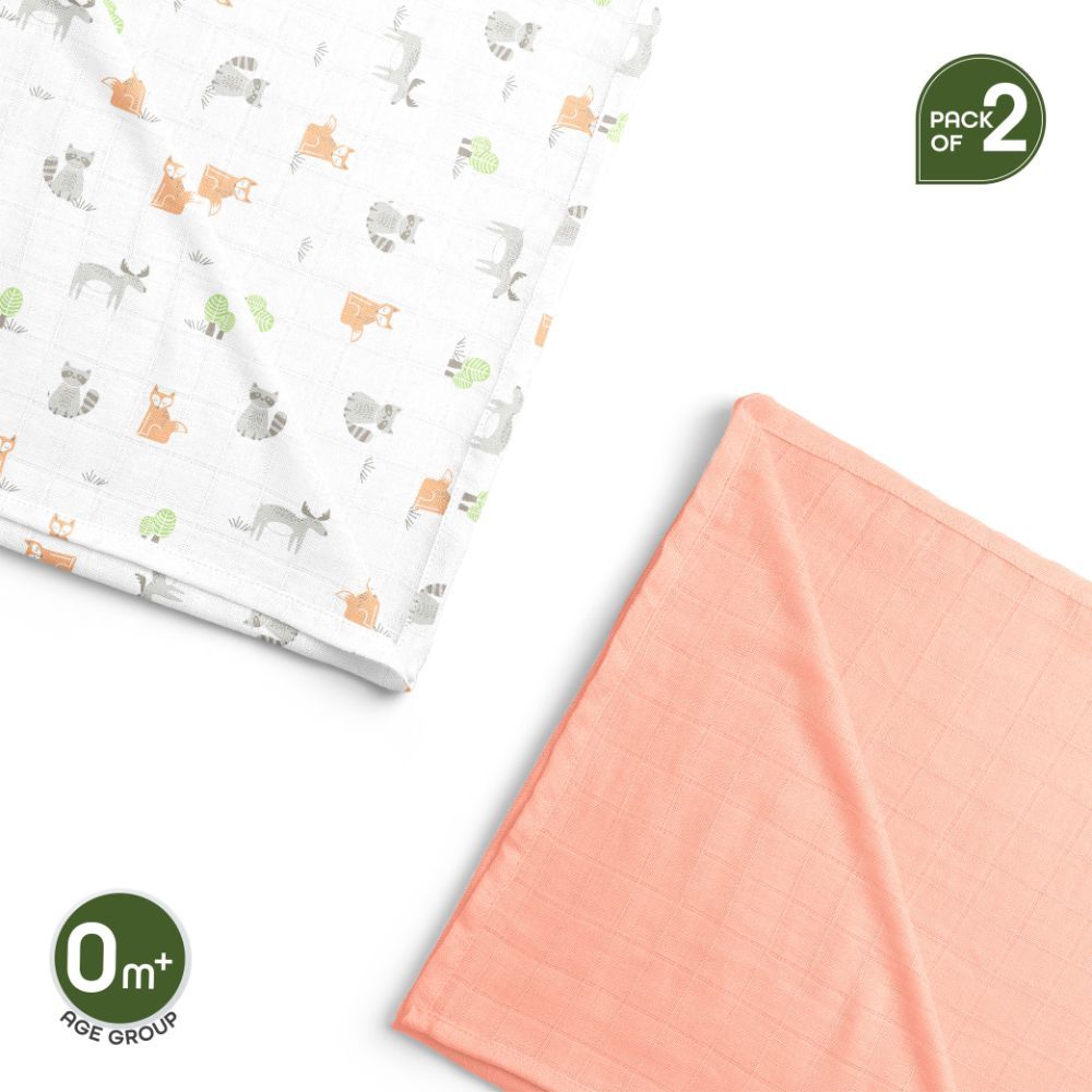 Moon - Bamboo Muslin Swaddle Wrap Pack of 2 - Forest Print & Peach