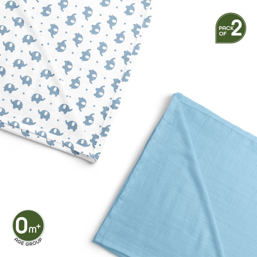 Moon - Bamboo Muslin Swaddle Wrap Pack of 2 - Elephant Print & Blue