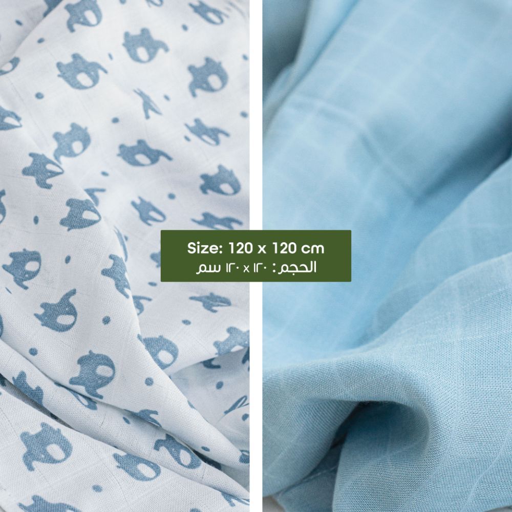 Moon - Bamboo Muslin Swaddle Wrap Pack of 2 - Elephant Print & Blue