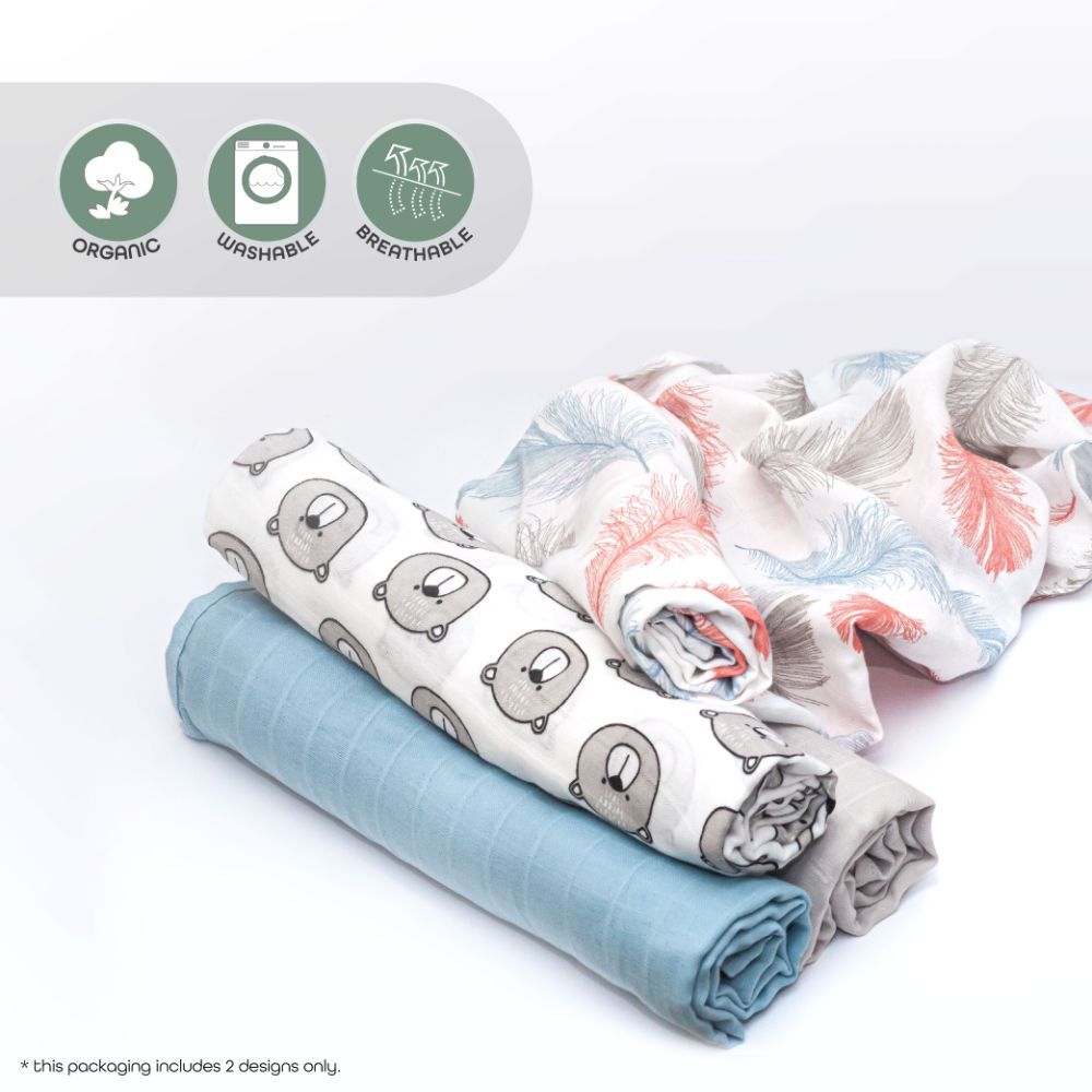 Moon - Bamboo Muslin Swaddle Wrap Pack of 2 - Elephant Print & Blue