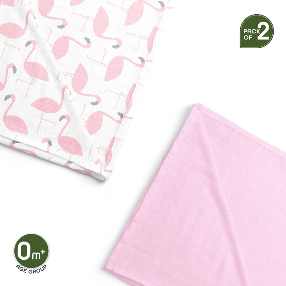 Moon - Bamboo Muslin Swaddle Wrap Pack of 2 - Flamingo Print & Pink