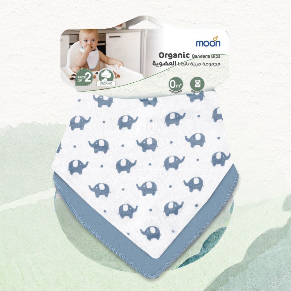 Moon - Organic Bandana Bibs Pack of 2 - Elephant & Blue