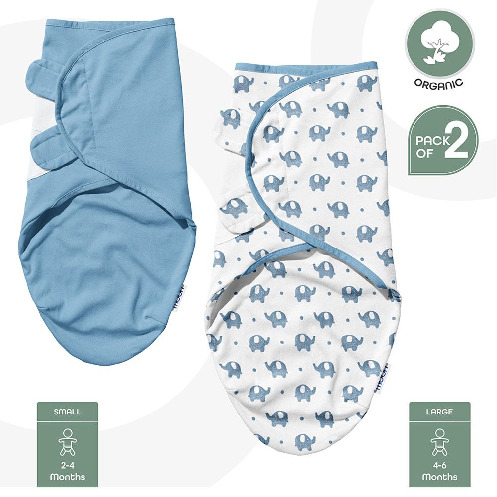 Moon - Organic Baby Swaddle - Pack of 2 - Elephant & Blue