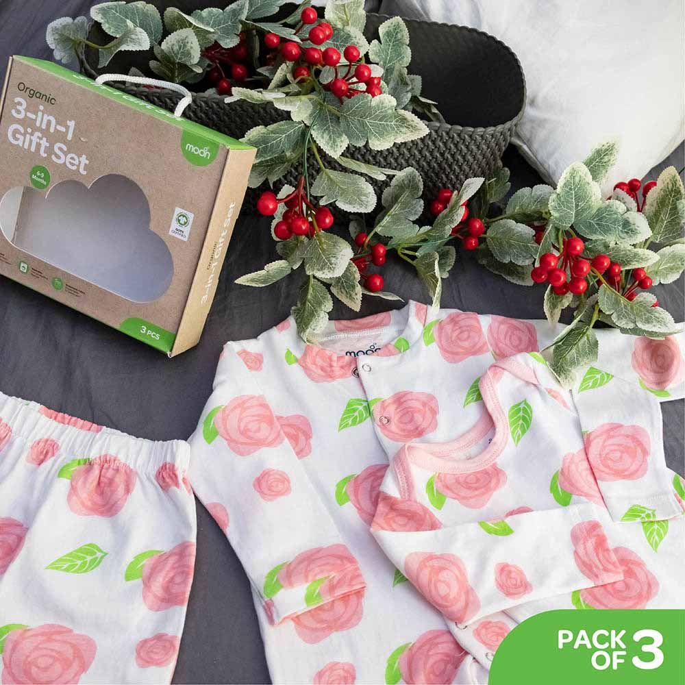 Moon - 3pc-Set - Organic Baby Gift Set - Rose Print