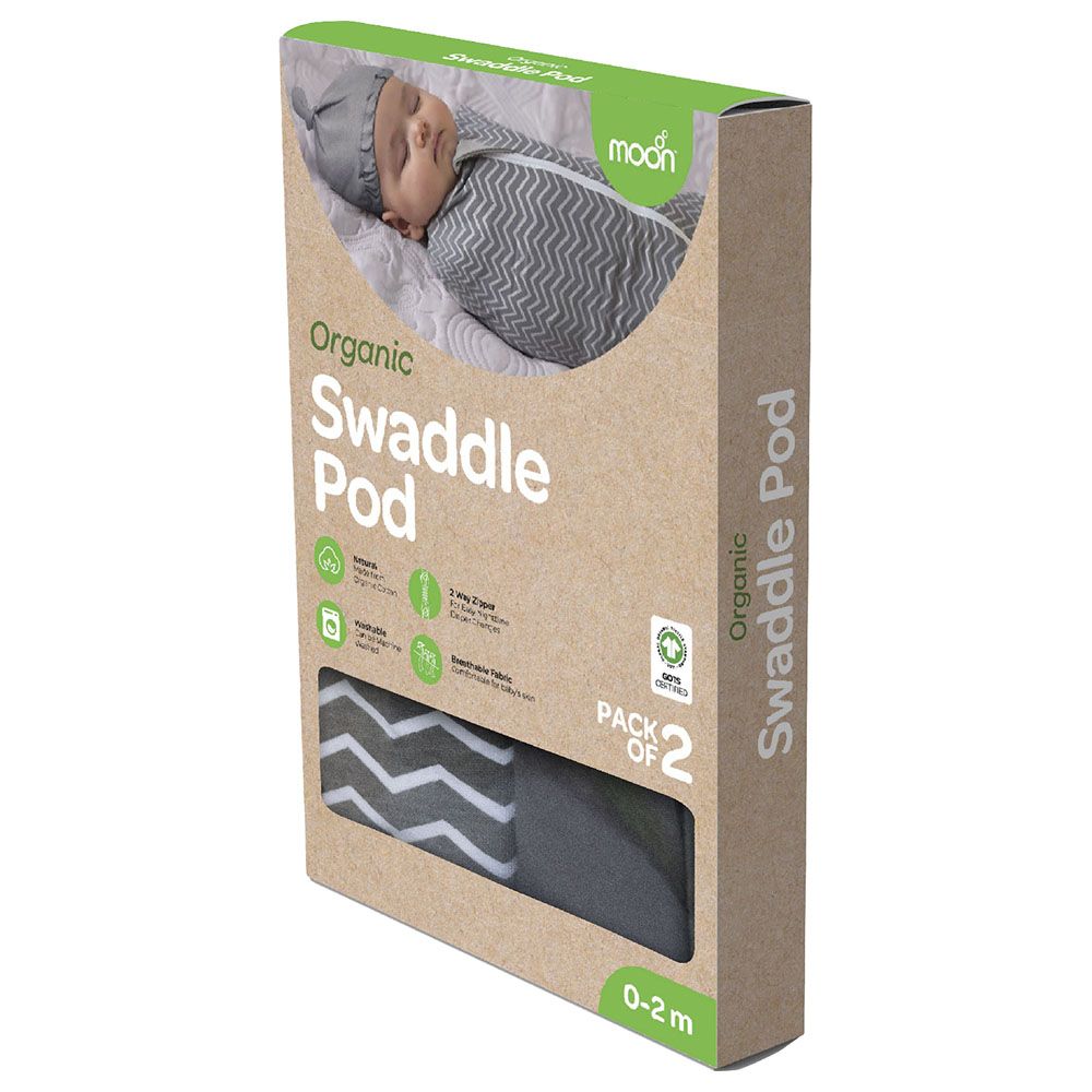 Moon - 2pc-Set - Organic Swaddle Pods w/ Beanie - Grey Stripes