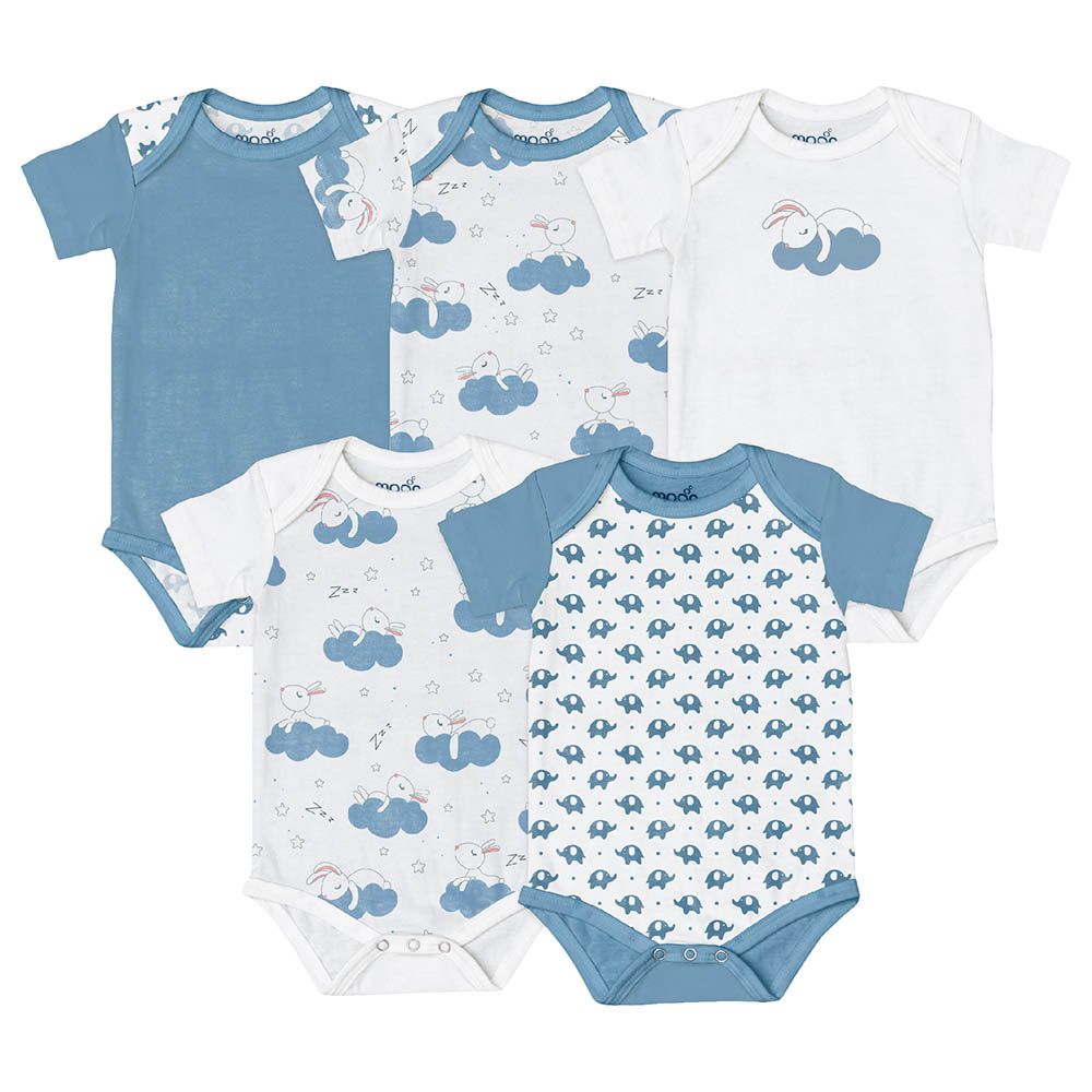 Moon - 5pc-Set - Organic Baby Bodysuit - Blue/White