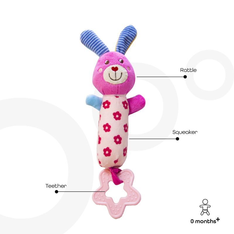 MOON - Soft Rattle Plush Toy W/ Squeaker Sounds & Teether Bunny