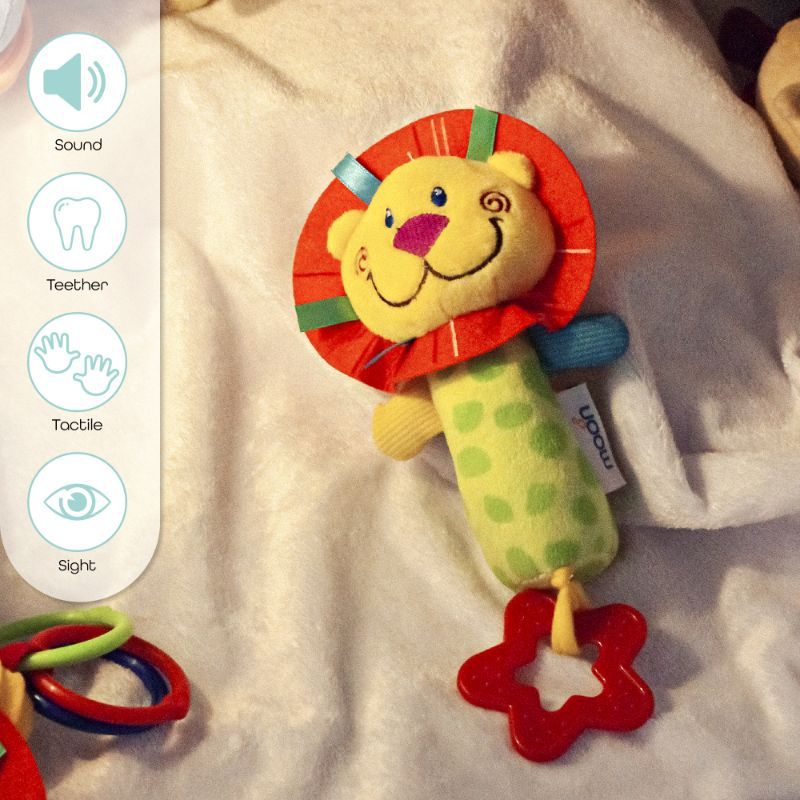 MOON - Soft Rattle Plush Toy W/ Squeaker Sounds & Teether Lion