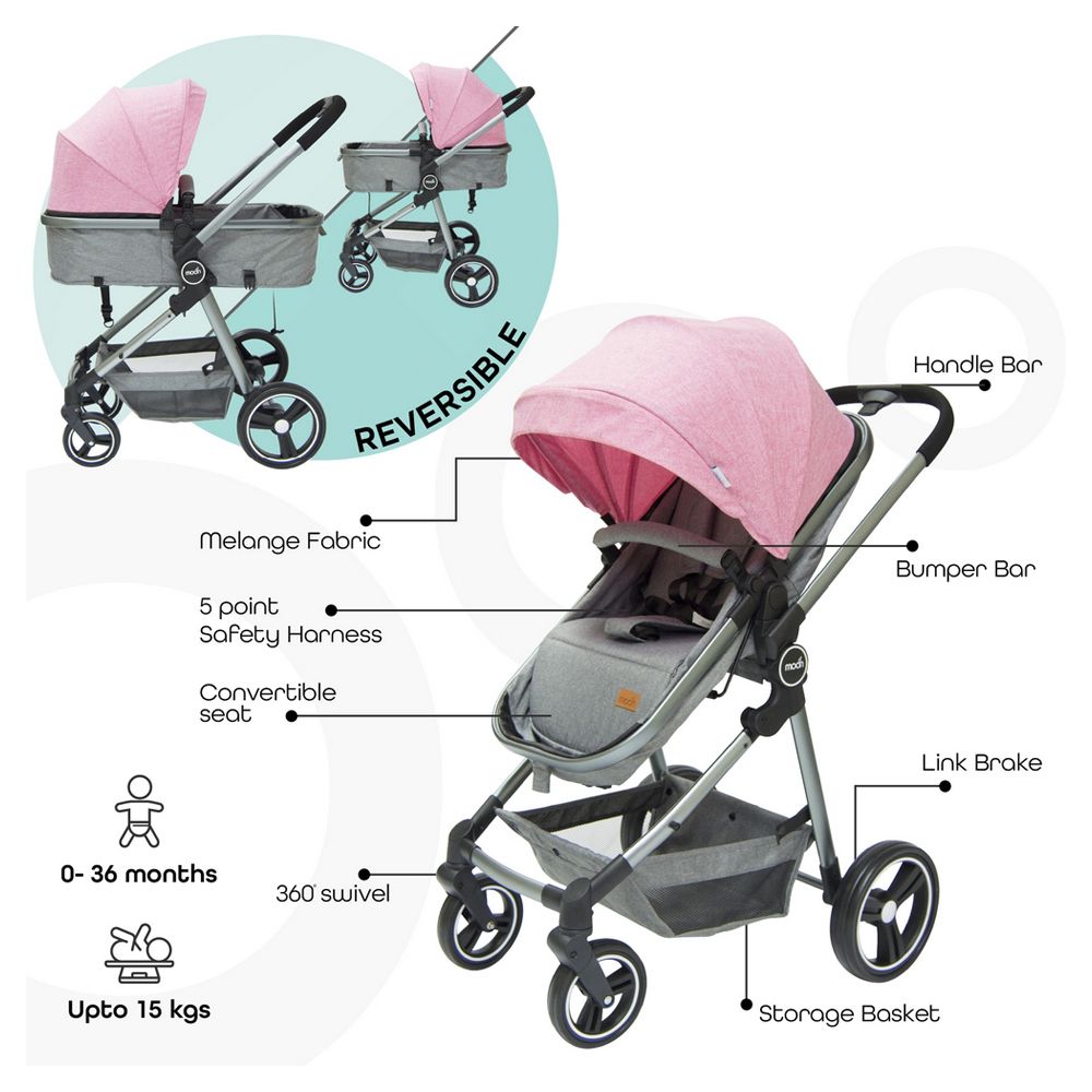 MOON - Pro 2 in 1 Convertible to Carrycot, Reversable Stroller - Pink