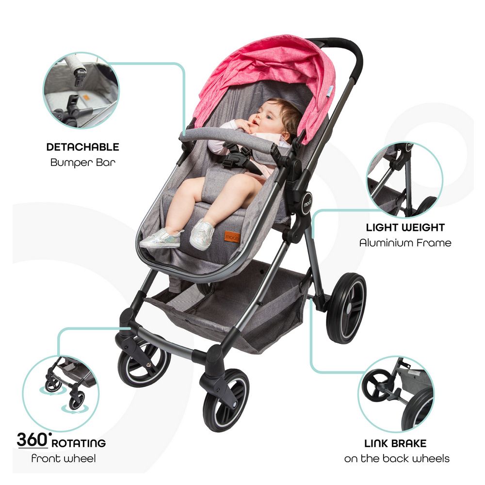 MOON - Pro 2 in 1 Convertible to Carrycot, Reversable Stroller - Pink